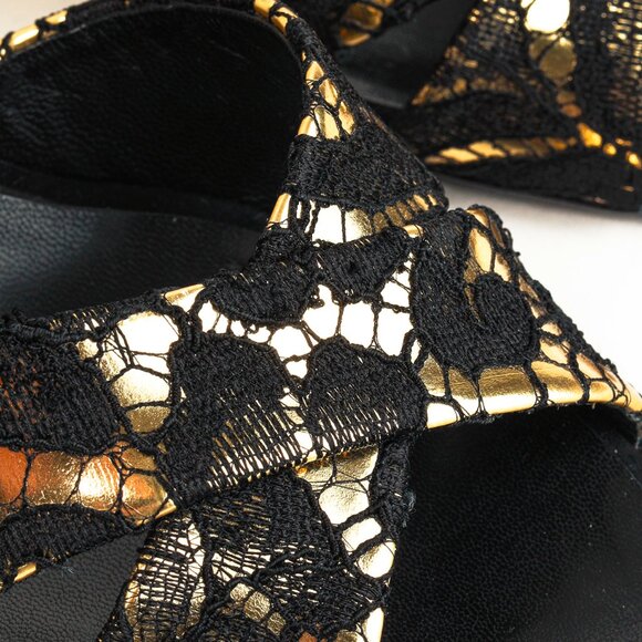 Giuseppe Zanotti Gold & Black Lace Crossover-Strap Mules - Picture 7 of 10